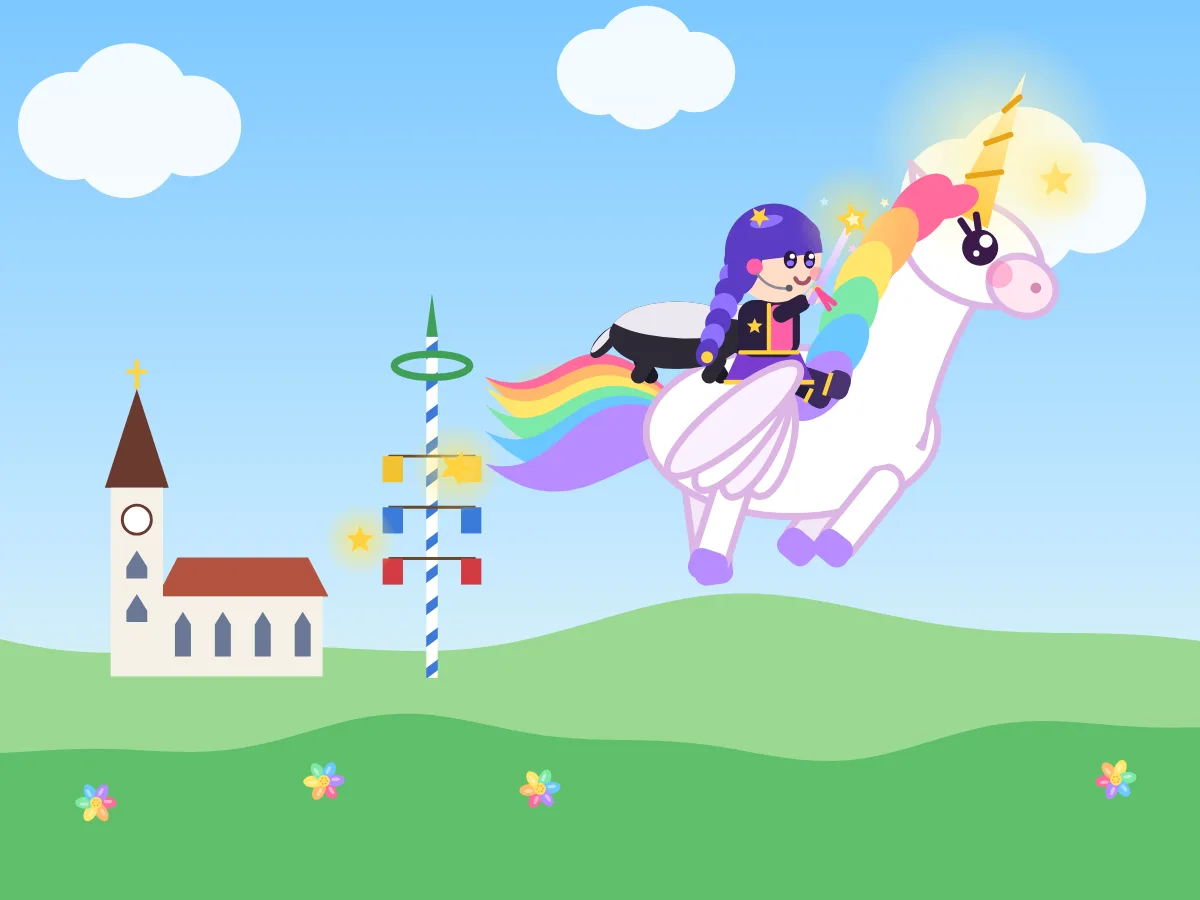 Spielszene aus mapumi: Ein Mädchen fliegt auf einem Regenbogen-Einhorn über grüne Hügel.