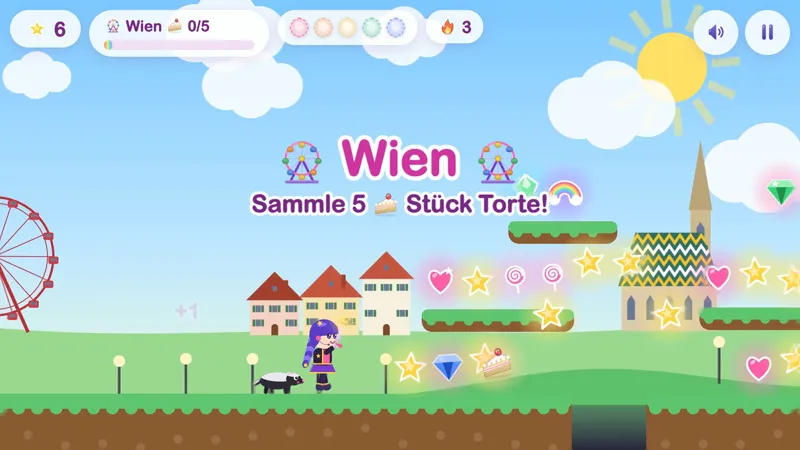 Spielszene in Wien: Die Heldin hüpft vor Riesenrad und Stephansdom und sammelt Sterne.